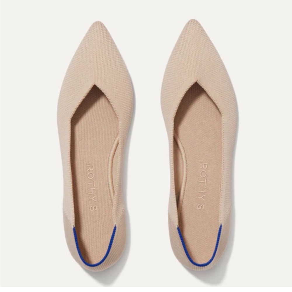 Rothy's Pointed Toe Flats in Blush with Blue Trim